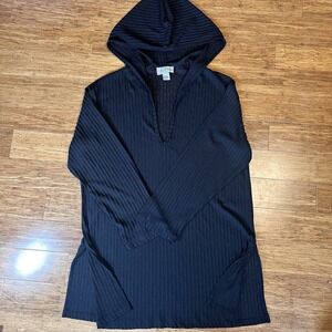 J Valdi Black Ribbed V Neck Hooded Tunic swimsuit coverup Dress Long Sleeve Sm